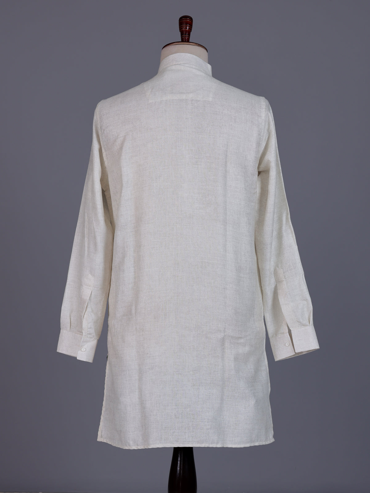 White cotton linen mens kurta with printed Chinese collar