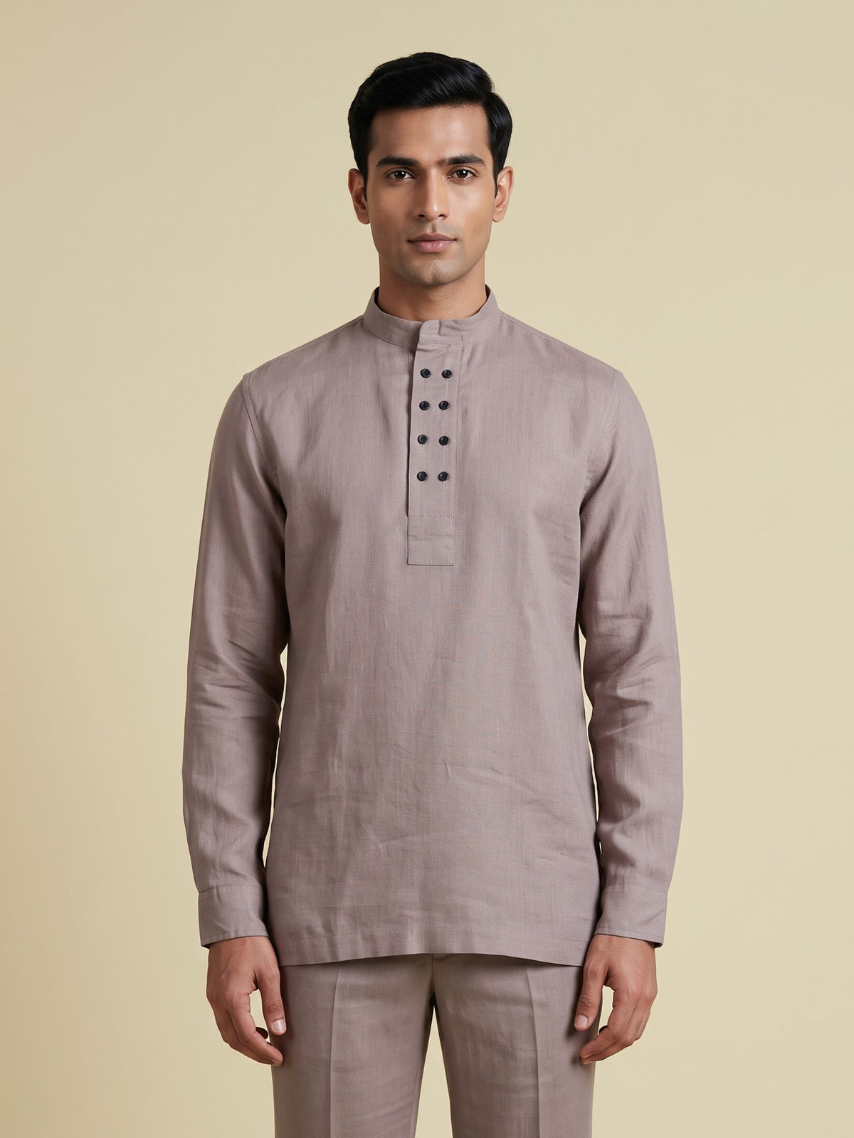 Beige linen silk mens short kurta with Chinese collar