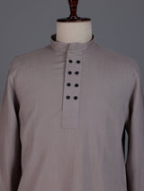 Beige linen silk mens short kurta with Chinese collar