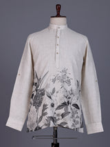 Beige linen mens short kurta with floral printed detailing