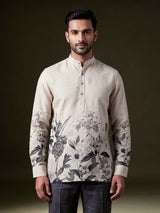 Beige linen mens short kurta with floral printed detailing