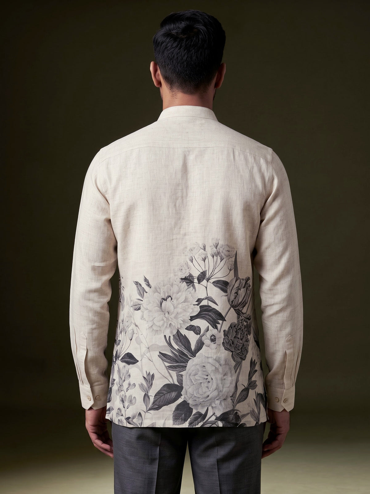 Beige linen mens short kurta with floral printed detailing