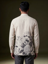 Beige linen mens short kurta with floral printed detailing