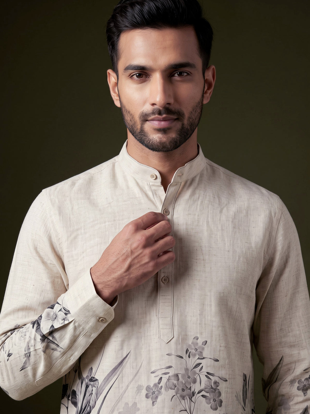 Beige linen mens short kurta with floral printed detailing