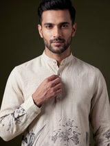 Beige linen mens short kurta with floral printed detailing