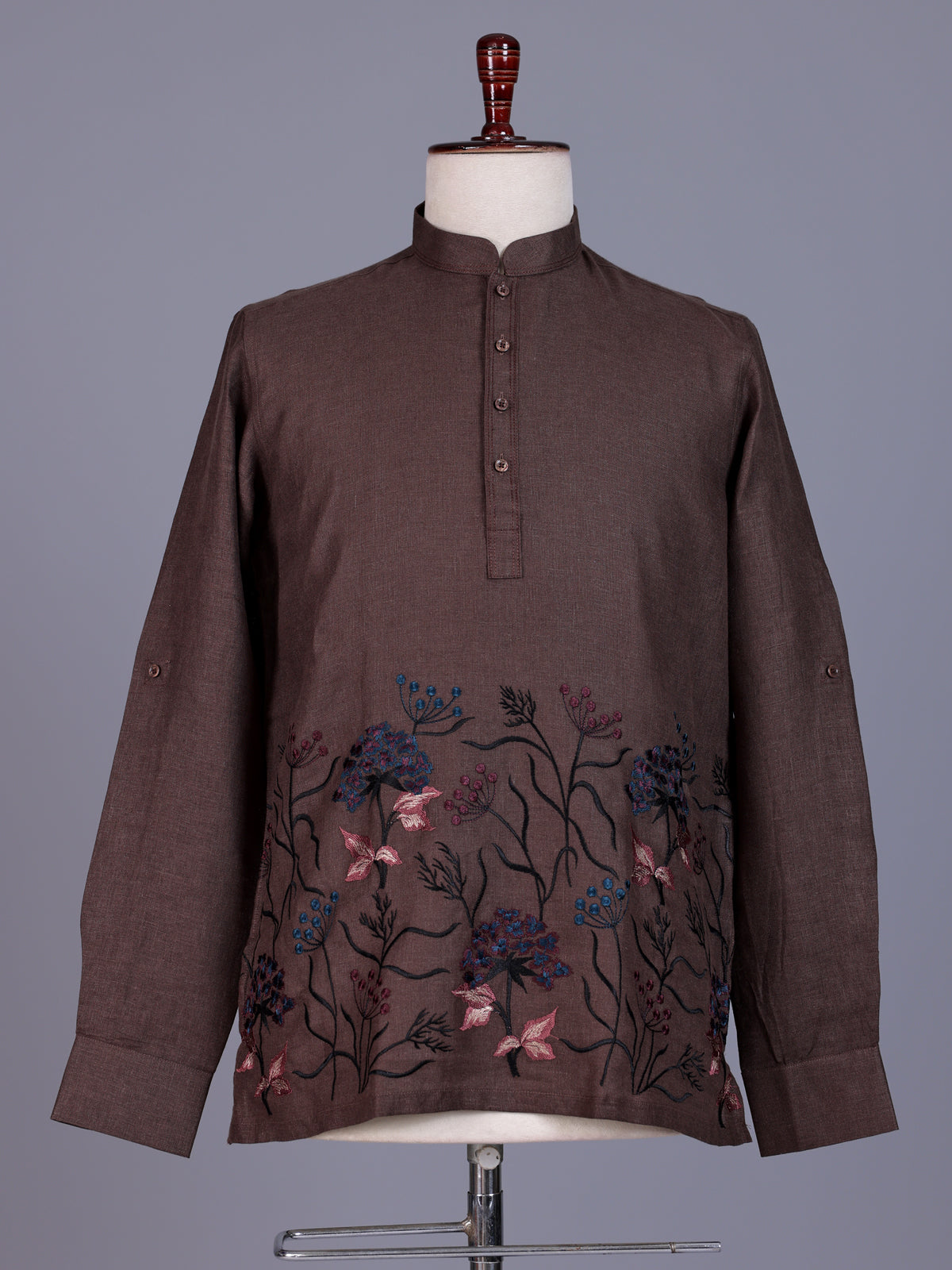 Brown linen mens short kurta with floral embroidery detailing