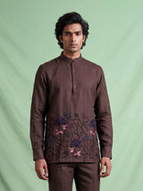 Brown linen mens short kurta with floral embroidery detailing