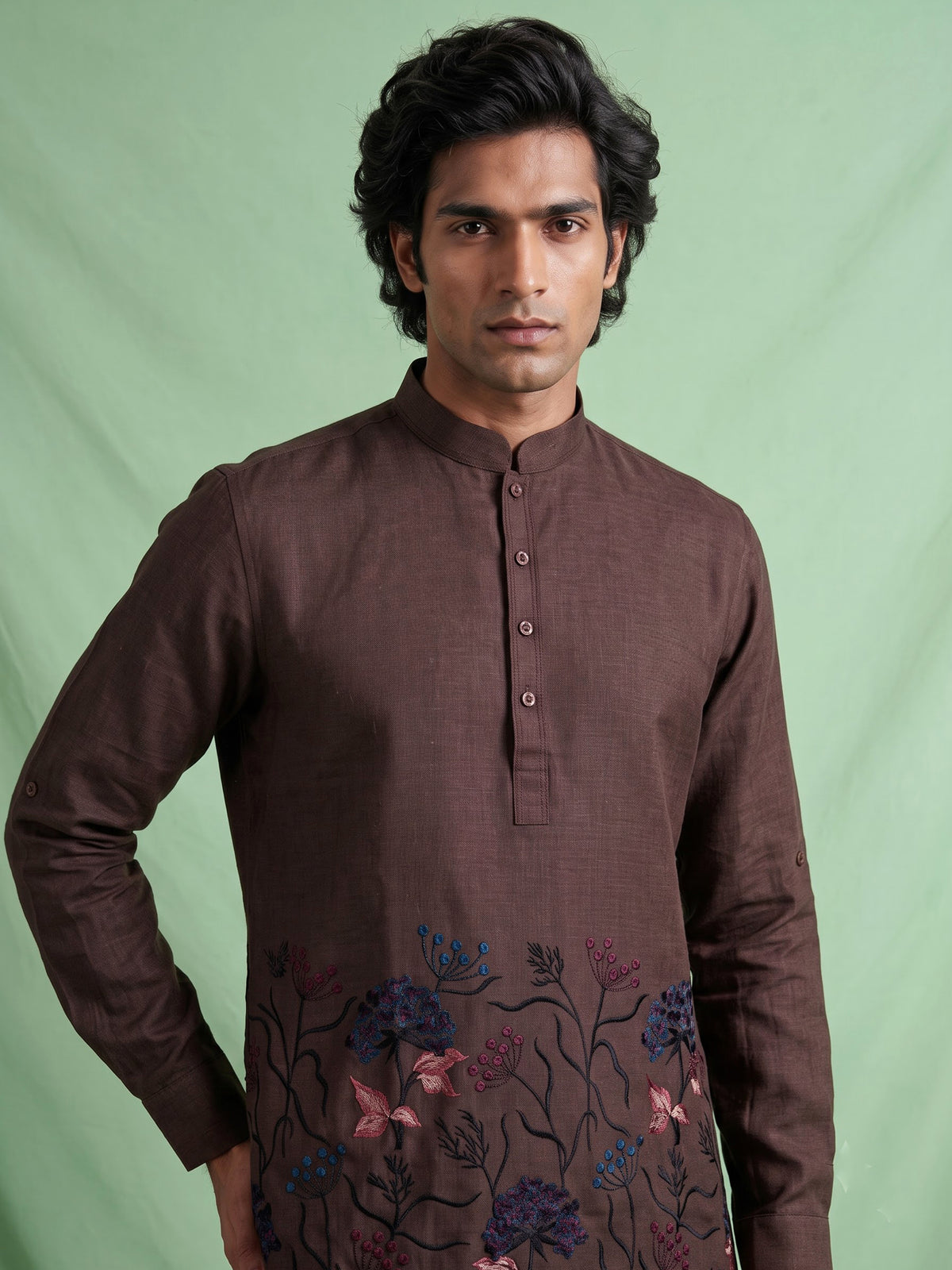 Brown linen mens short kurta with floral embroidery detailing