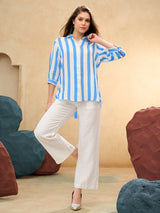 Blue white striped casual women shirt
