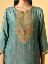 Sea green peacock embroidered women kurti set