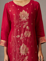 Crimson red floral festive women kurti set