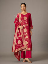 Crimson red floral festive women kurti set