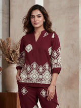 Maroon ethnic geometric women co-ord set