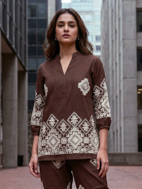 Brown folk geometric women co-ord set