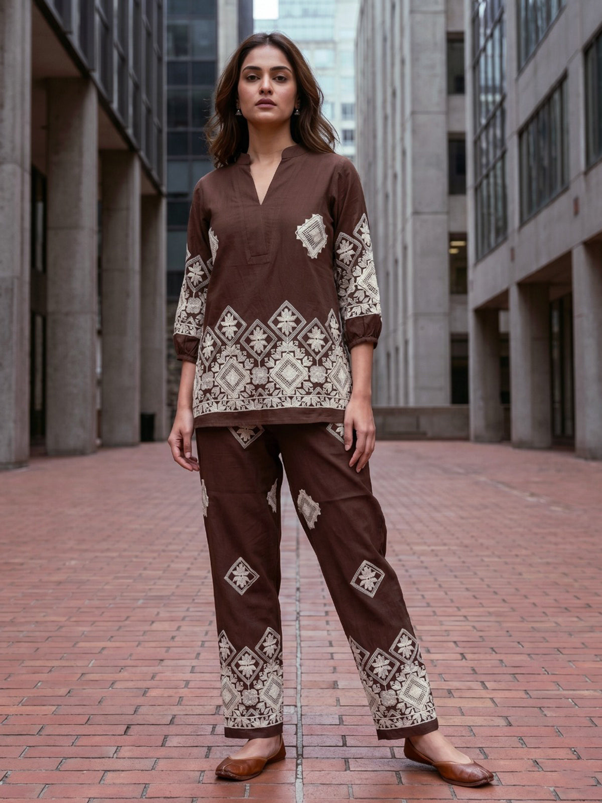 Brown folk geometric women co-ord set