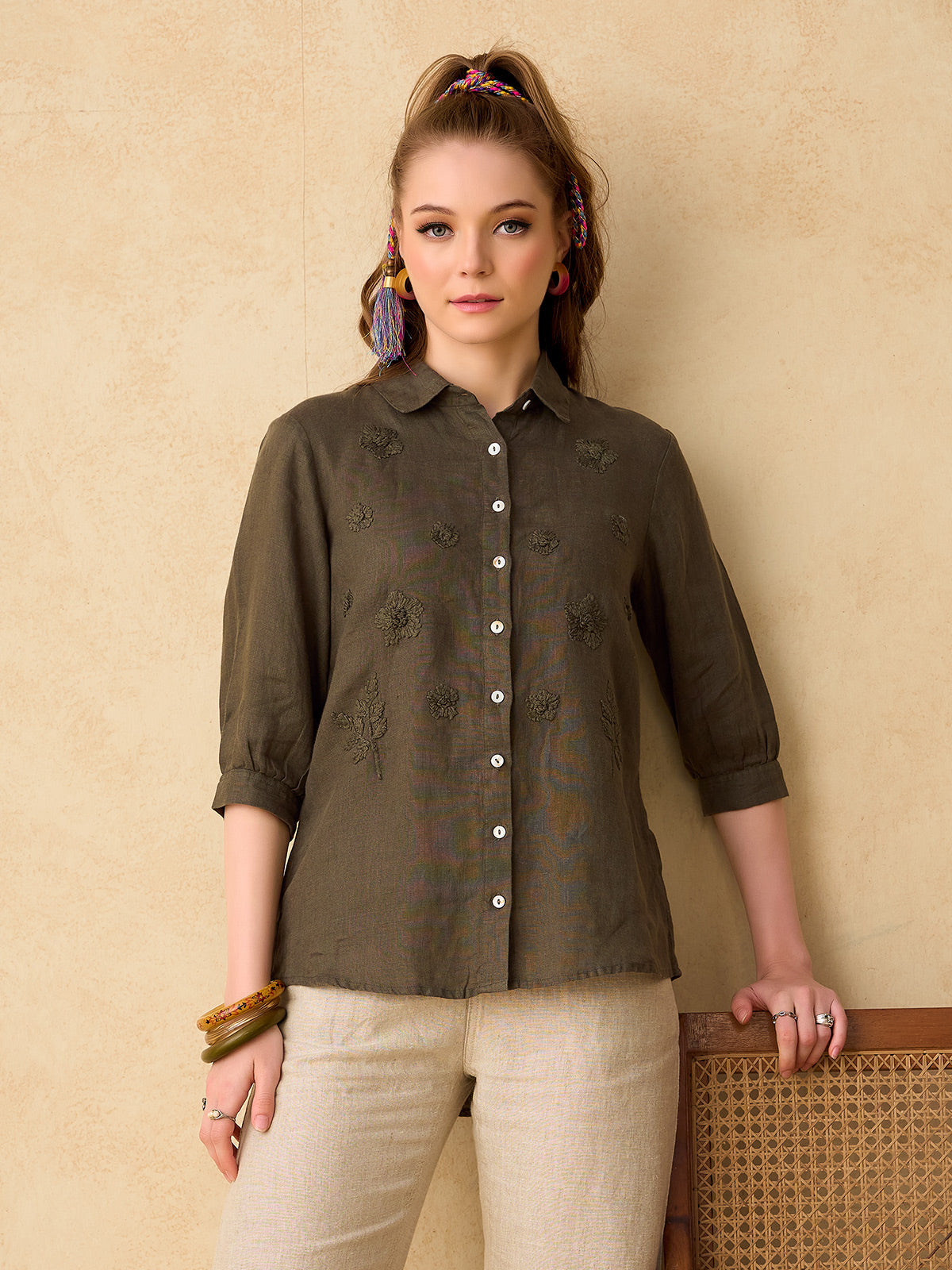 Olive botanical embroidered women top