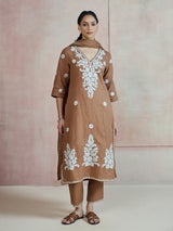 Brown aabla floral border women kurti set
