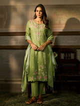 Green floral threadwork straight cut women kurti set