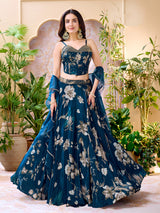 Blue crepe satin silk lehenga choli with floral printed dupatta