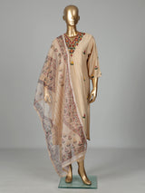Beige tusser silk kurti set with floral thread embroidery