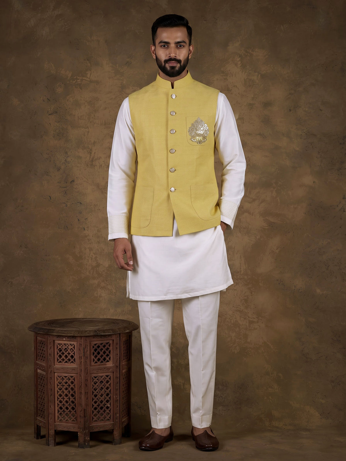 Yellow matka silk mens waistcoat set with zardosi chest pocket