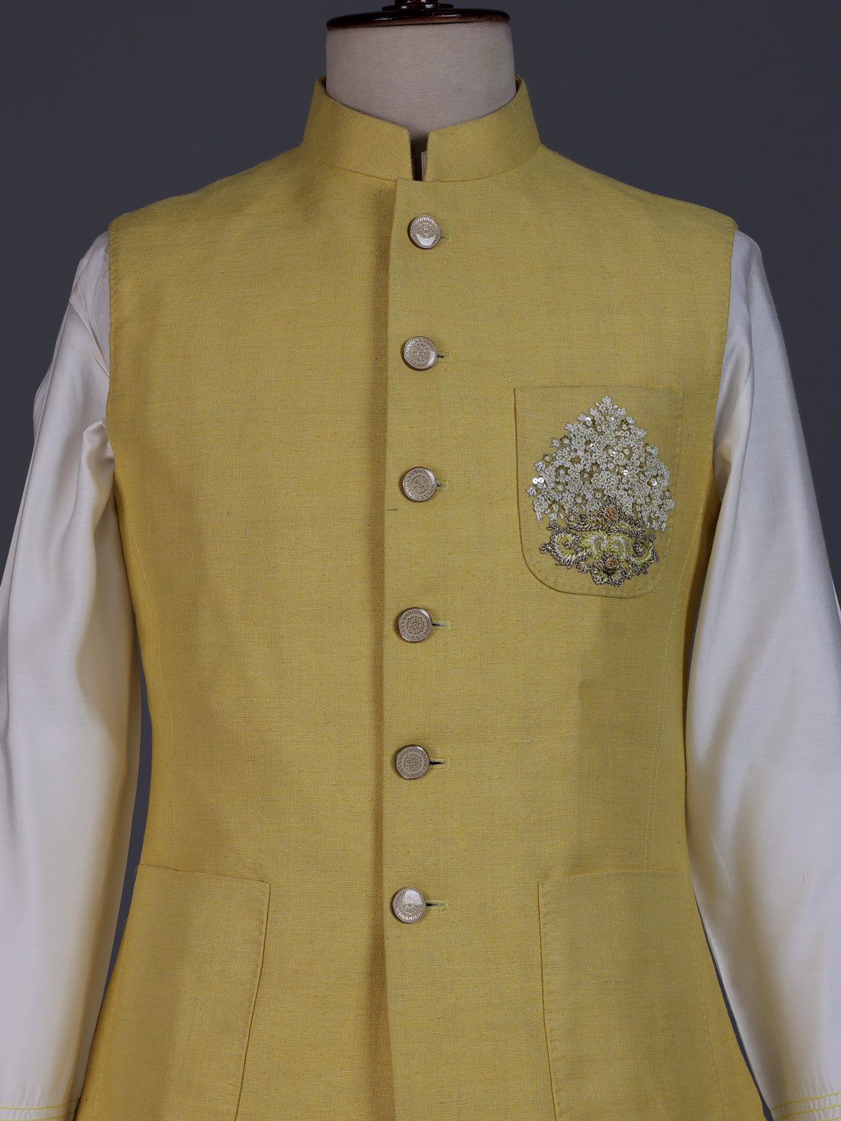 Yellow matka silk mens waistcoat set with zardosi chest pocket