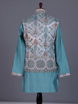 Sky blue silk mens waistcoat set with botanical thread sequin accents