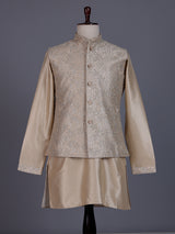 Pastel beige silk mens waistcoat set with floral sequin embroidery