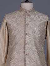 Pastel beige silk mens waistcoat set with floral sequin embroidery