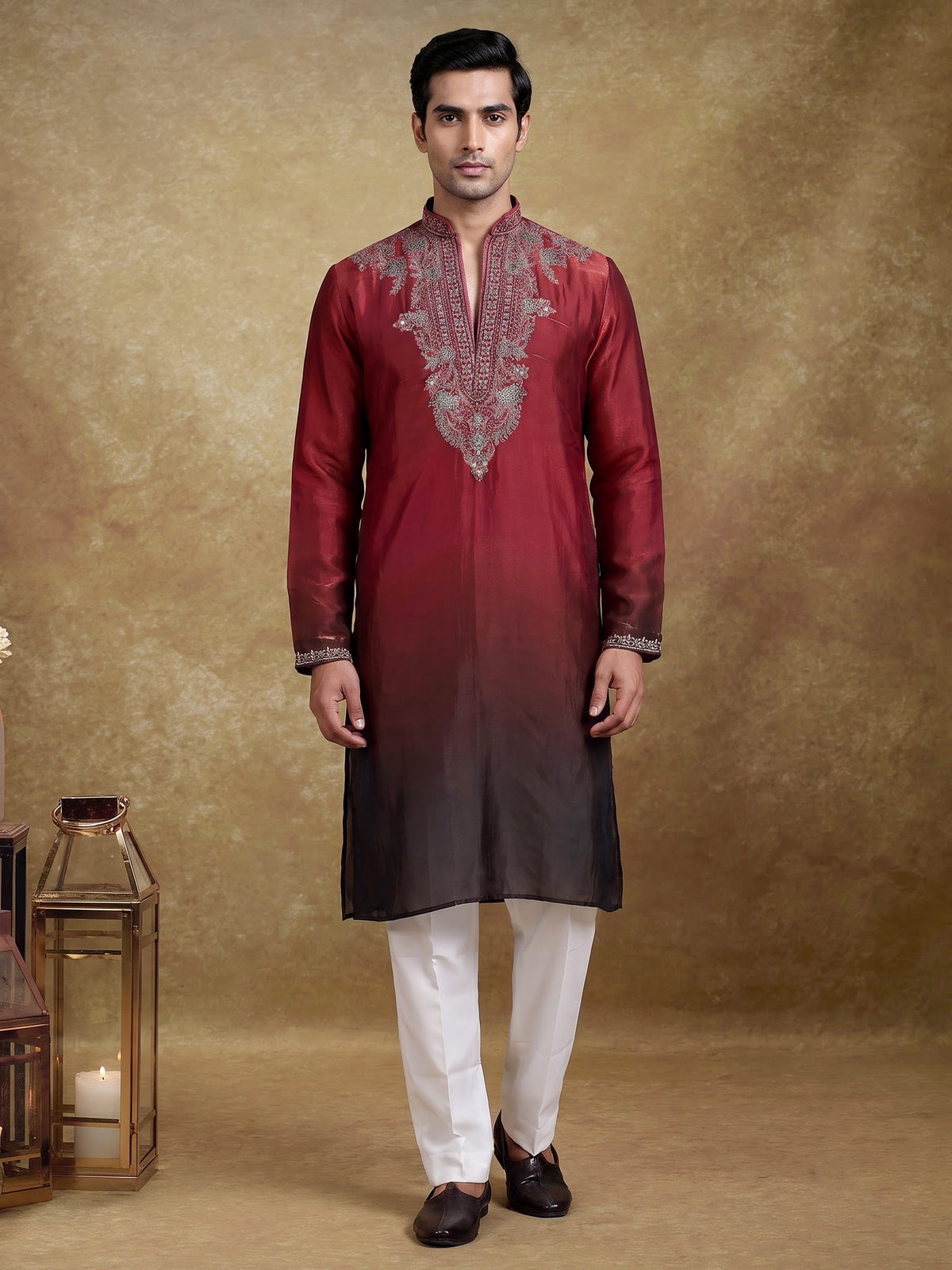 Maroon tissue silk mens kurta suit with embellished shaded  yoke