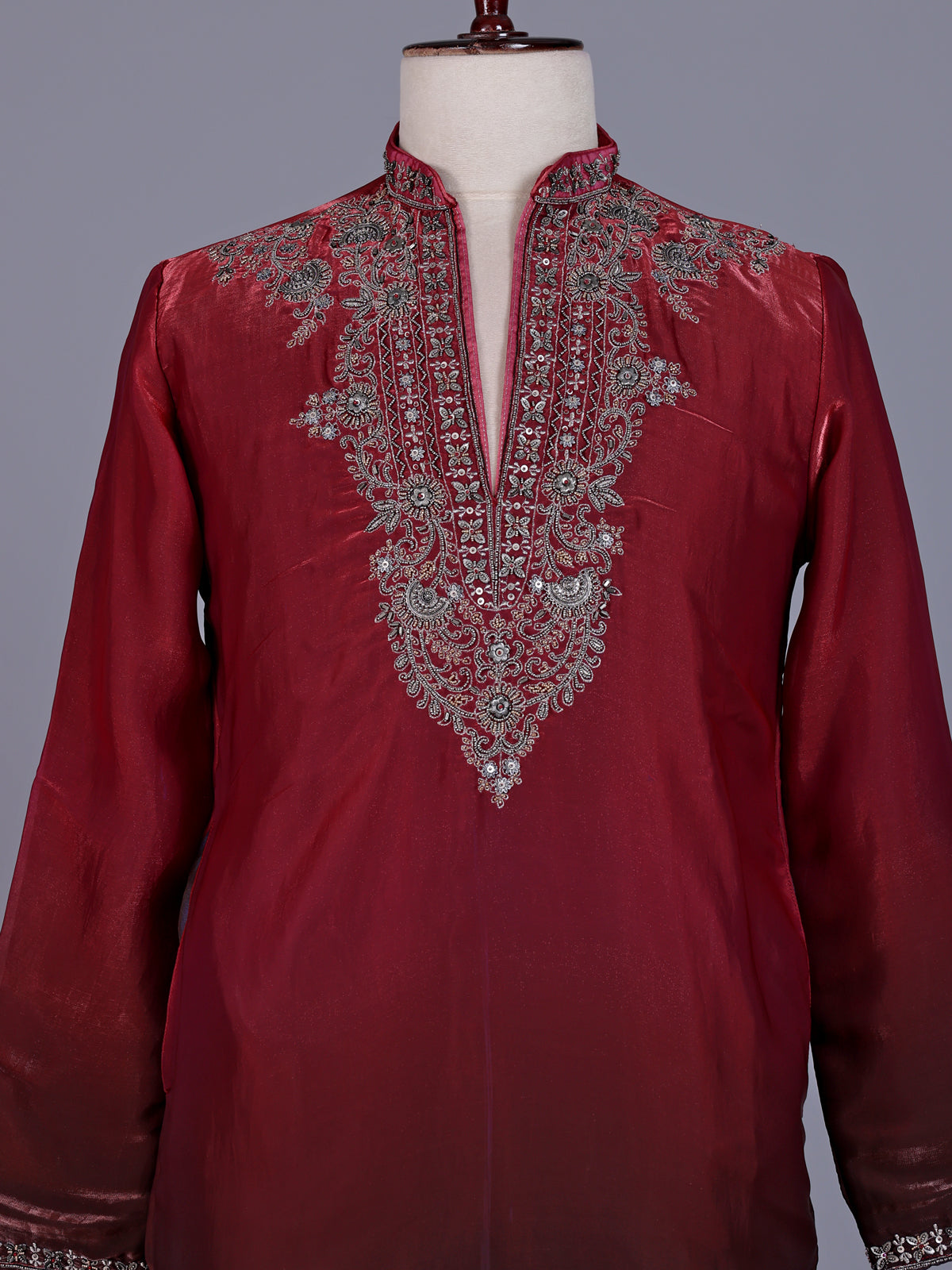 Maroon tissue silk mens kurta suit with embellished shaded  yoke