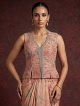 Peach tissue silk indowestern suit with floral embellishments