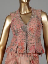 Peach tissue silk indowestern suit with floral embellishments