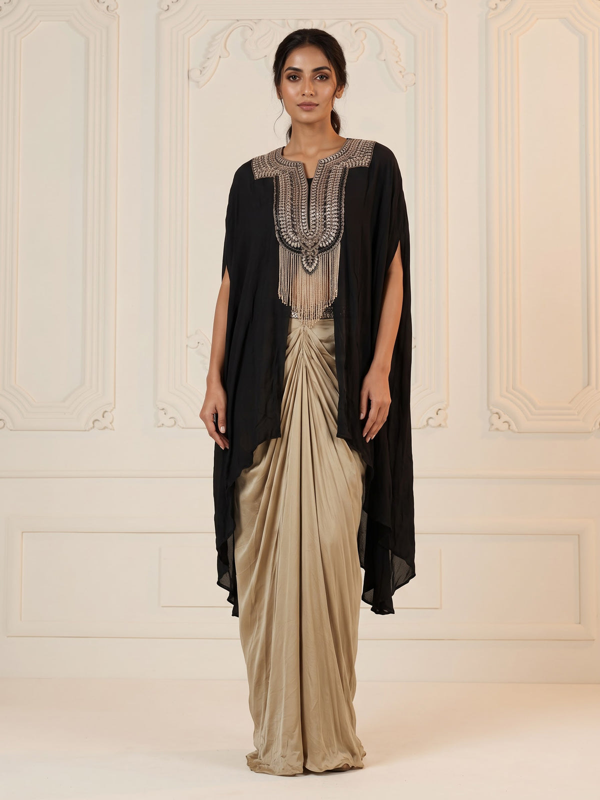 Black beige satin silk indowestern suit with zardosi embellishments