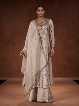 Off white tissue silk anarkali suit with pearl embellishments