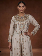 Off white tissue silk anarkali suit with pearl embellishments