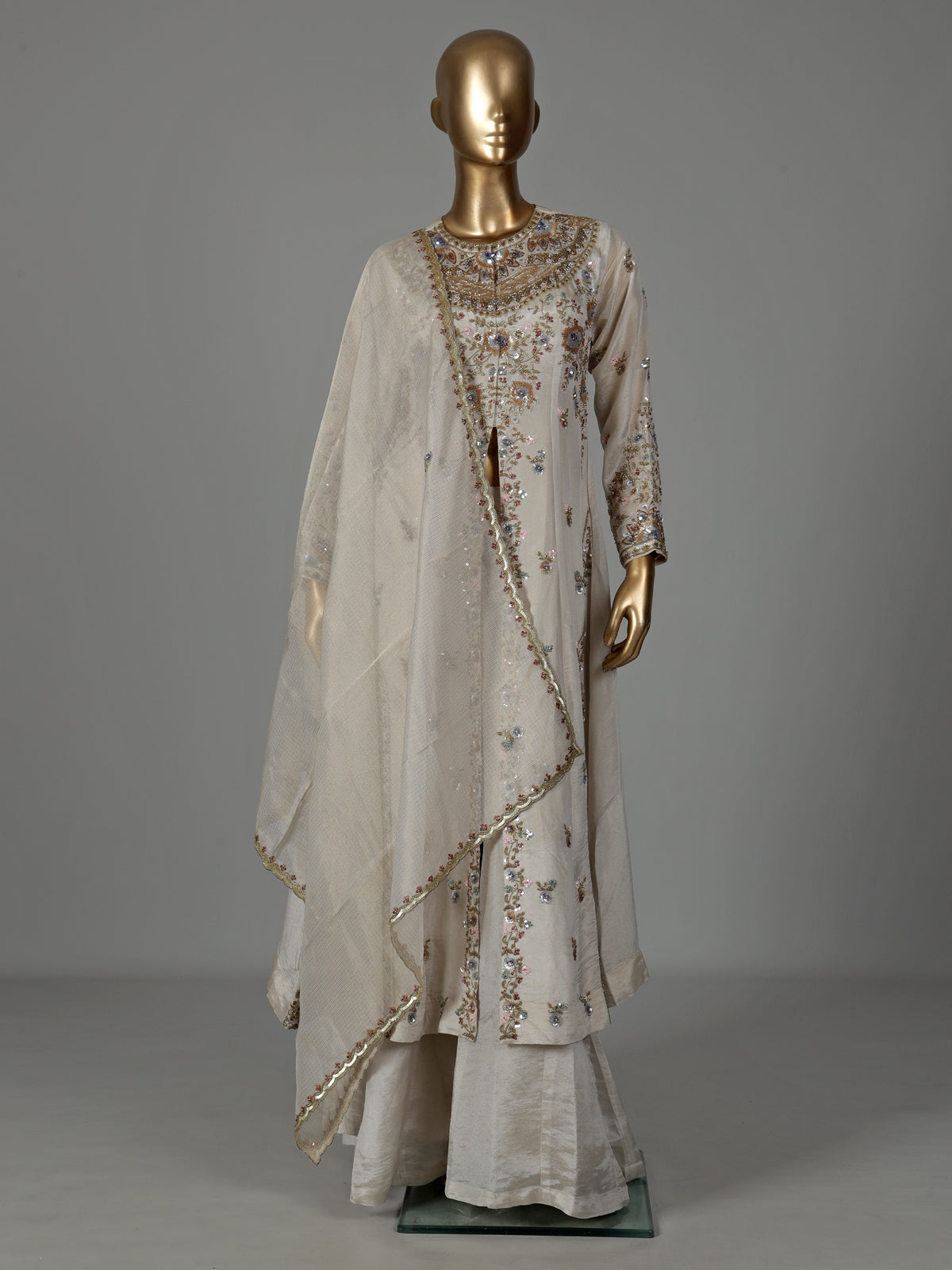 Off white tissue silk anarkali suit with pearl embellishments