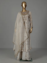 Off white tissue silk anarkali suit with pearl embellishments
