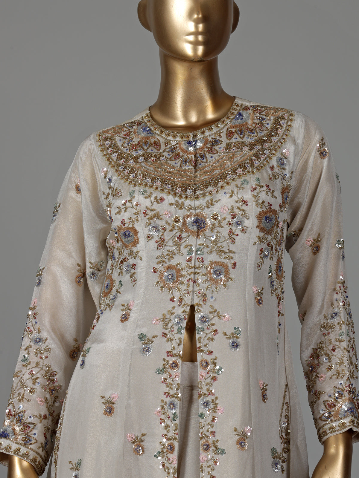 Off white tissue silk anarkali suit with pearl embellishments