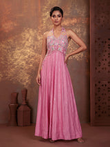 Pink silk anarkali suit with tassel and zardosi embellishments