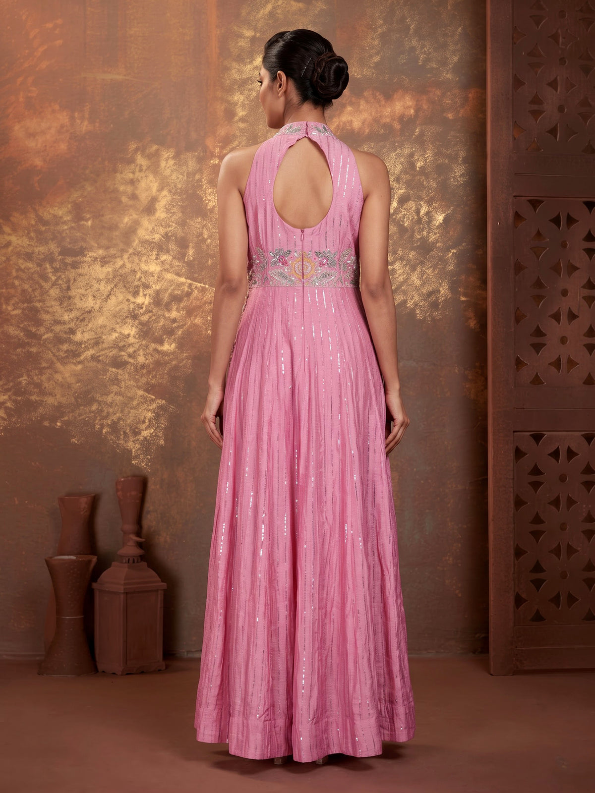 Pink silk anarkali suit with tassel and zardosi embellishments