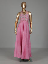 Pink silk anarkali suit with tassel and zardosi embellishments