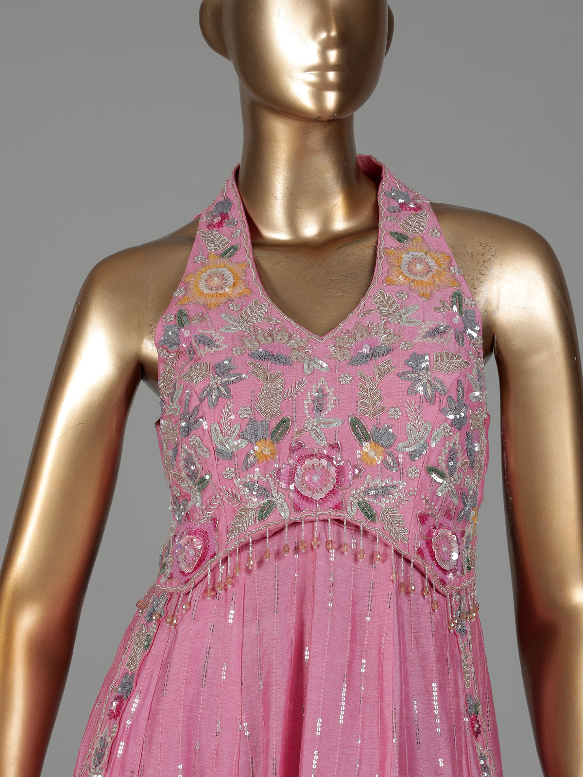 Pink silk anarkali suit with tassel and zardosi embellishments
