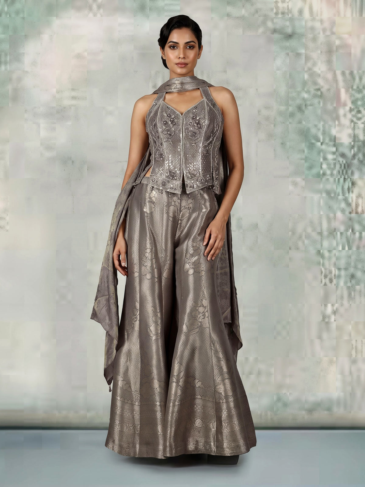 Pastel grey brocade silk salwar suit with zari embellishments