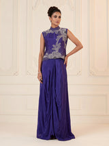 Blue satin crepe silk indowestern suit with bead embellishments