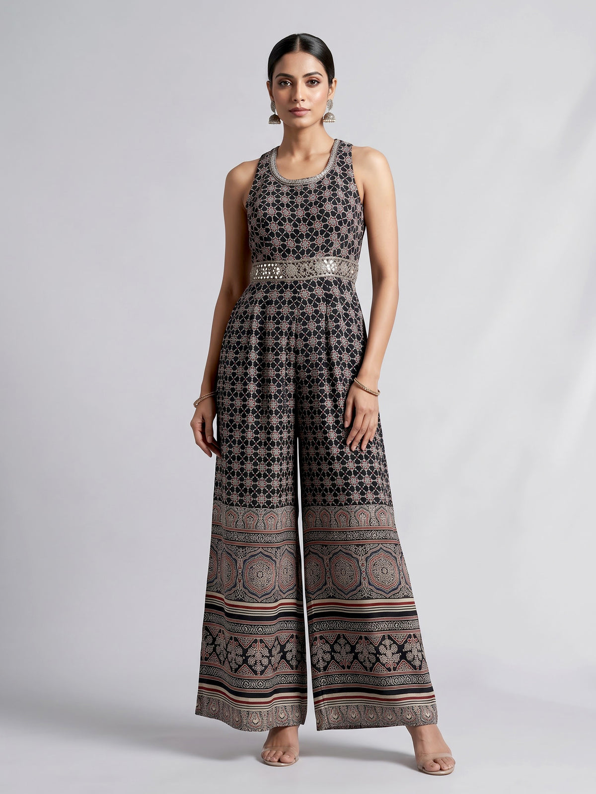 Black cotton silk printed jumpsuit with zardosi embellishments