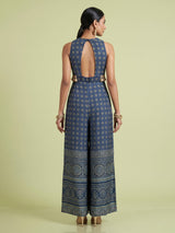 Blue cotton silk printed jumpsuit with mirror embellishments