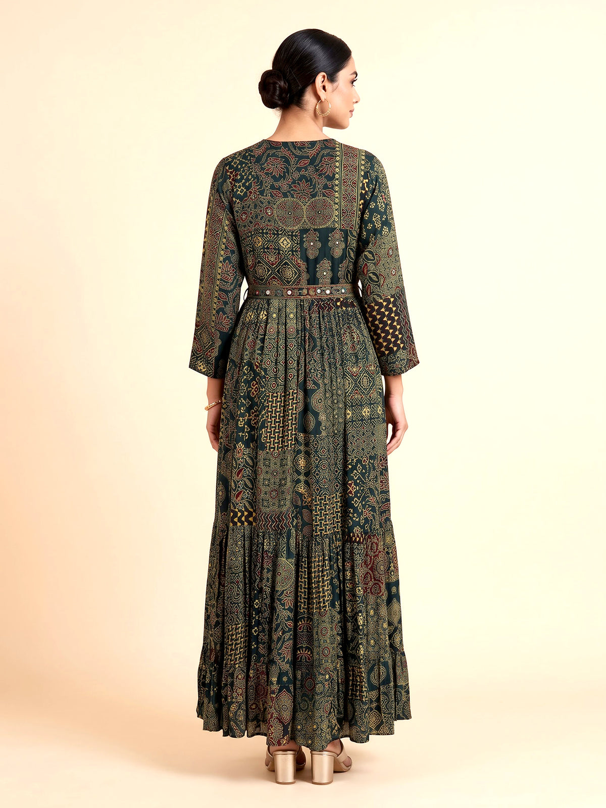 Green silk printed anarkali suit with stone embellishments