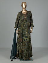 Green silk printed anarkali suit with stone embellishments
