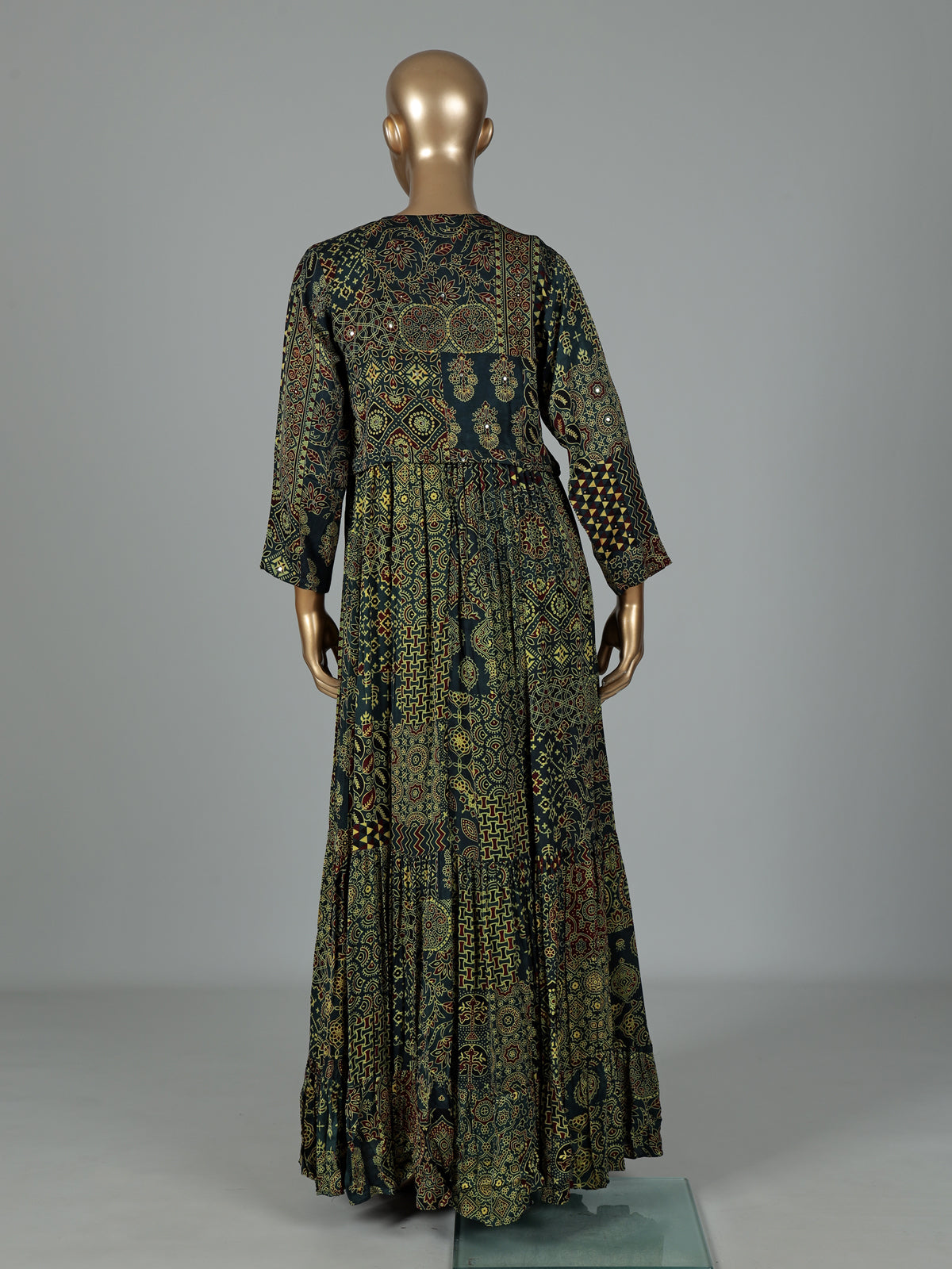 Green silk printed anarkali suit with stone embellishments